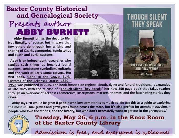 Author Abby Burnett to discuss new book on Arkansas cemeteries at Baxter County Library